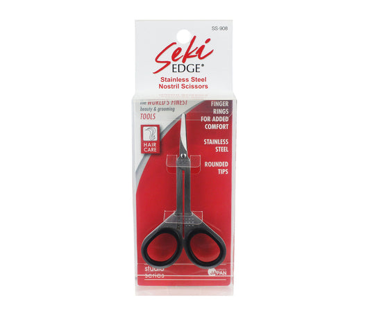 Seki Edge stainless steel nostril scissors in packaging with rounded tips for precision grooming