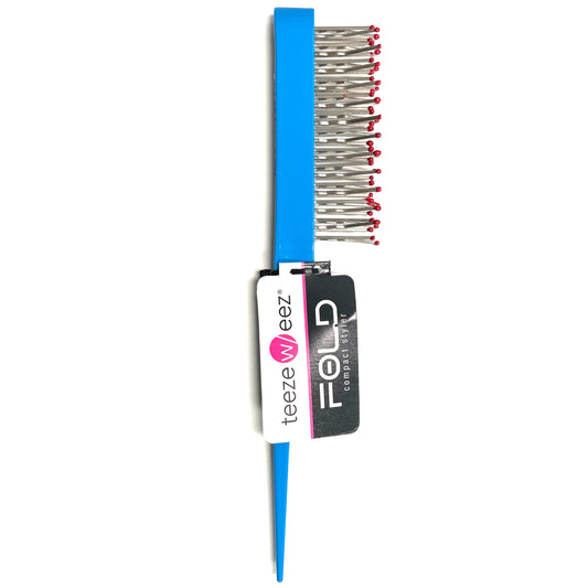 Wet Brush compact foldable hair styler in blue with fine metal bristles for easy styling