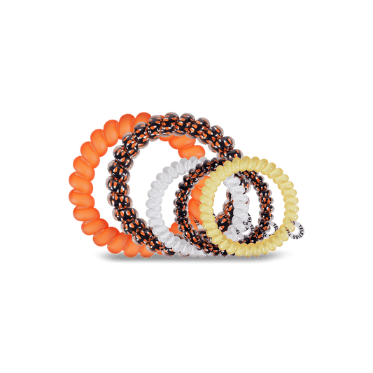 Teleties hair ties multipack in vibrant colors including orange, black, yellow, and clear for all hair types