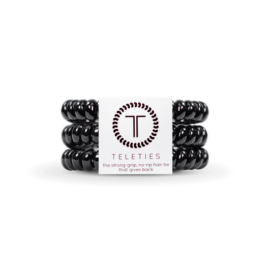 Teleties small hair ties in black, offering strong grip and no-rip functionality for stylish hair accessories