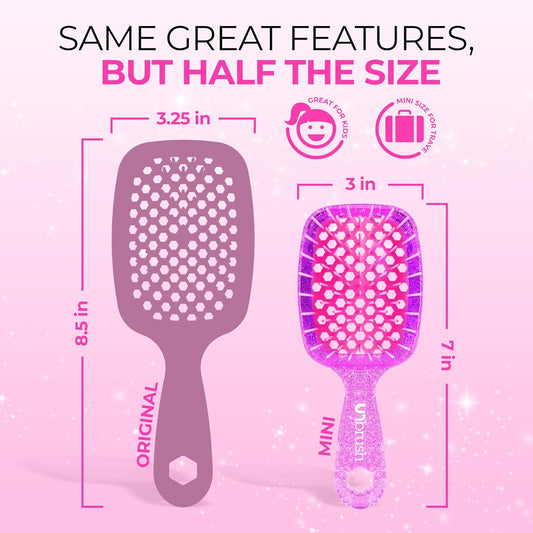 Unbrush mini detangling hair brush in purple, designed for easy styling and travel convenience