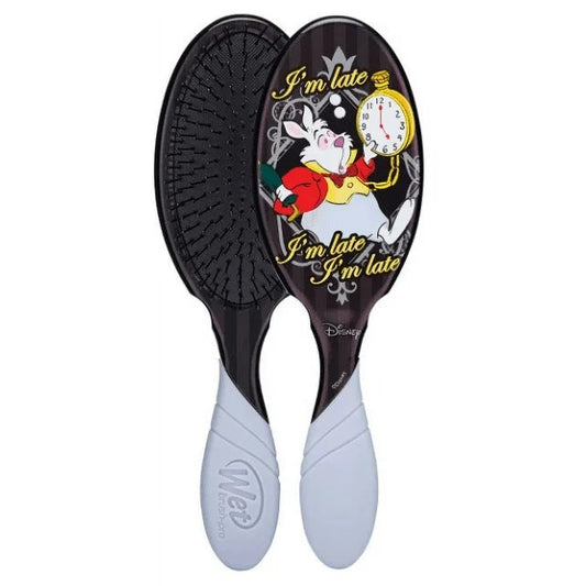 Wet Brush Alice In Wonderland detangler featuring the White Rabbit design with a quote 'I'm late, I'm late'