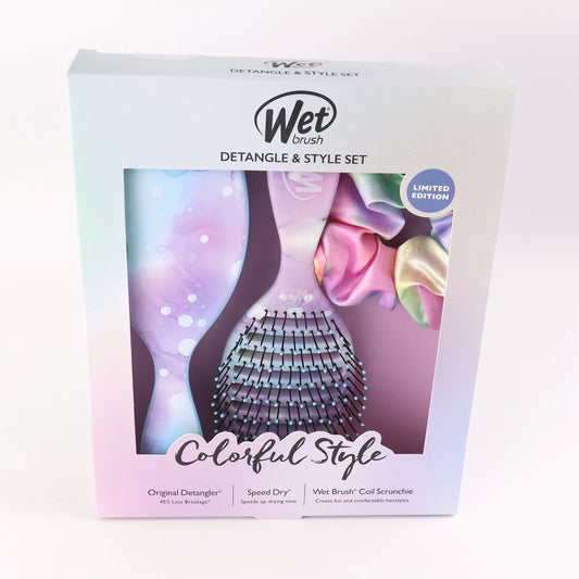 Wet Brush Colorwash Detangler Kit featuring original detangler, speed dry brush, and scrunchie in pastel colors