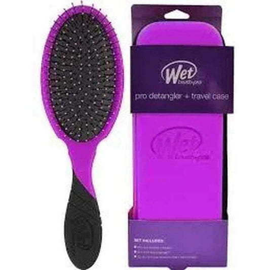 Wet Brush Pro detangler set featuring a purple brush and travel case for effortless hair detangling