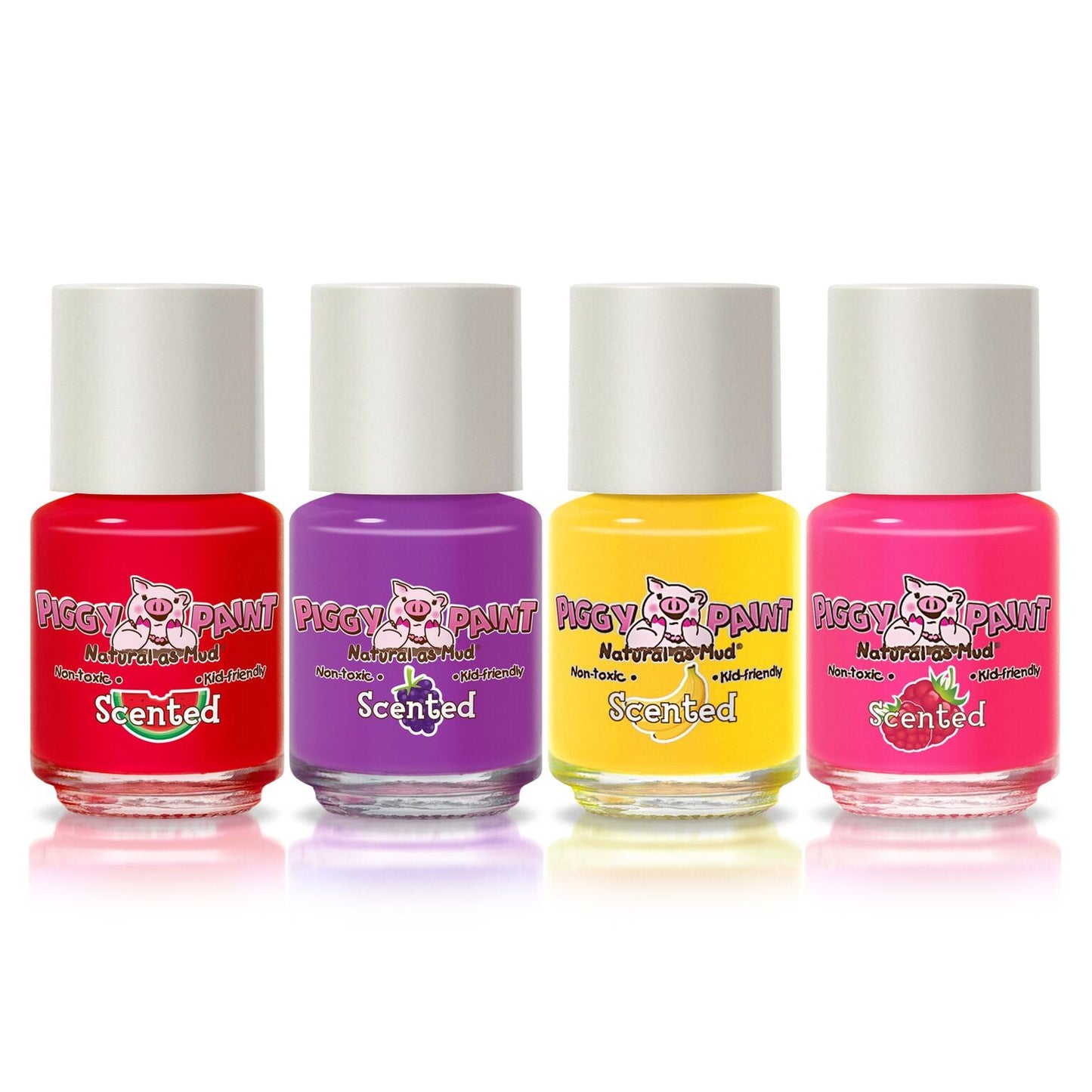 The Piggy Paint 4 Polish Scented Set- Silly Unicorns features kid-friendly, non-toxic, water-based nail polishes in red, purple, yellow, and pink with silver caps and colorful labels showing a cartoon pig logo. Enjoy their fun scents!.