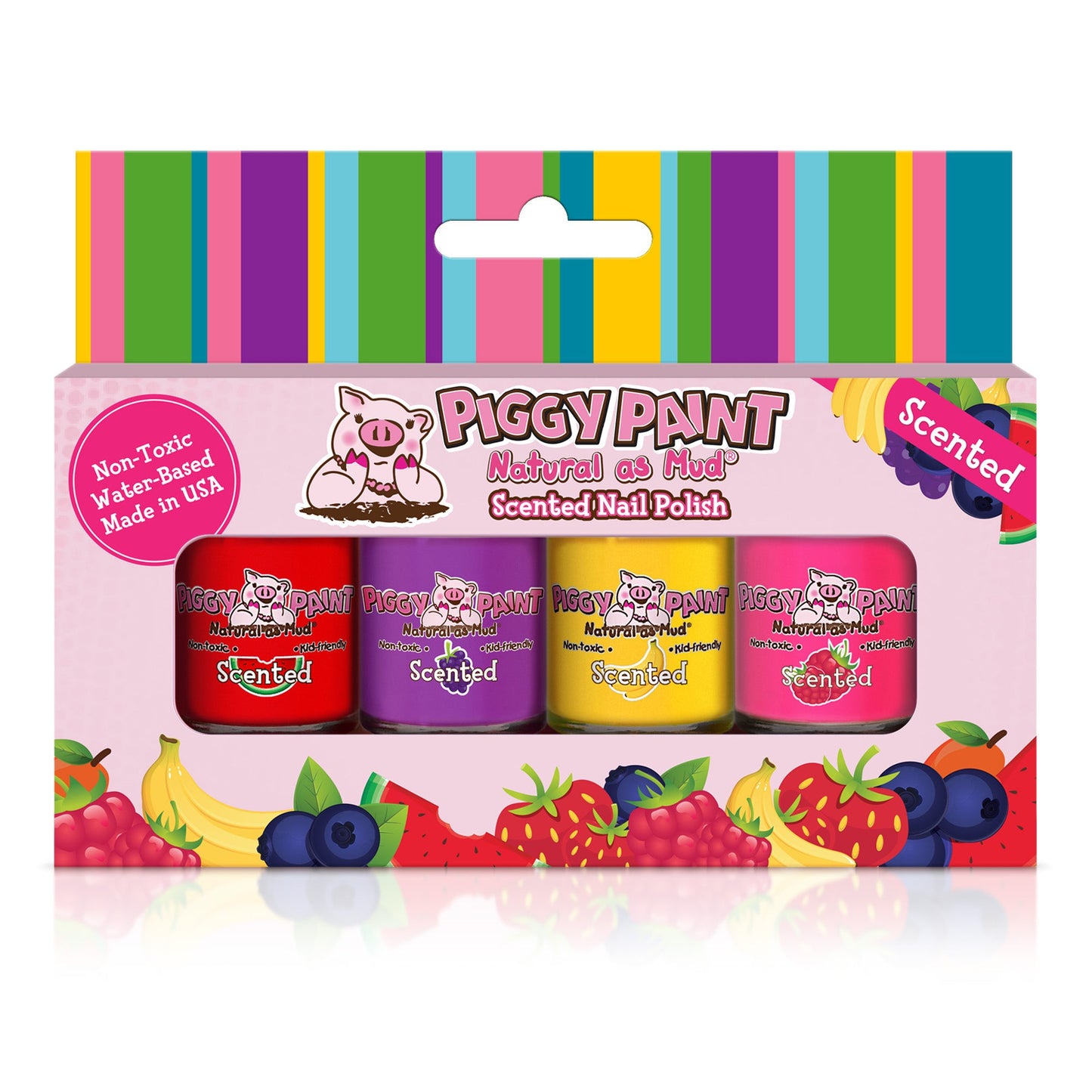 The Piggy Paint 4 Polish Scented Set–Silly Unicorns includes four kid-friendly, non-toxic, water-based nail polishes in red, purple, yellow, and pink in fruit-illustrated packaging with a pig logo and “Natural as Mud!” text.
