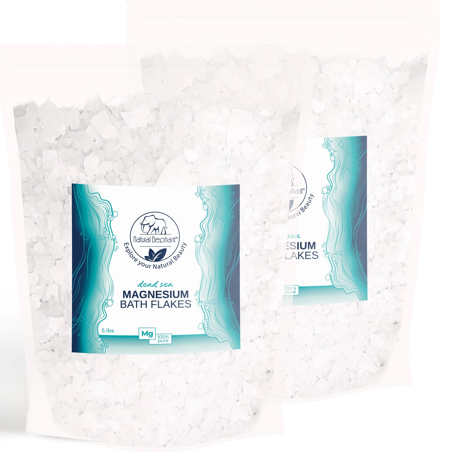 Two clear bags of Natural Elephant Dead Sea Magnesium Flakes, each labeled 5 lbs, stand side by side. The teal and white packaging showcases the bath flakes inside, ideal for muscle relaxation with pure Dead Sea magnesium.
