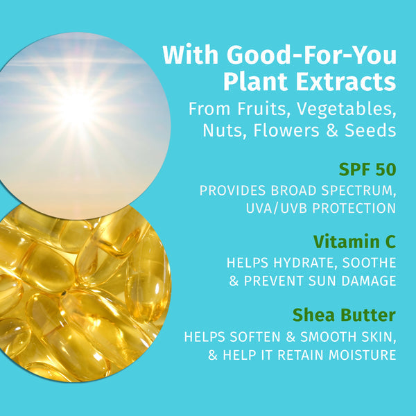 Infographic on a blue background shows benefits of Hempz Sweet Pineapple & Honey Melon Herbal Body Sunscreen SPF 50, featuring plant extracts, vitamin C, shea butter, and hemp seed oil. Includes sun images and yellow capsules with descriptions.