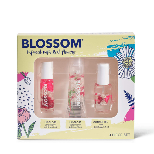 Blossom 3 Piece Set Mini Roll-On Lip Gloss Strawberry, Moisturizing Lip Gloss Watermelon, Scented Cuticle Oil Rose-Blossom-Blossom_ Gift Set's,Blossom_ Roll on Lip Gloss's,Brand_Blossom,Collection_Gifts,Collection_Makeup,Gifts_Under 25,Makeup_Lip,Makeup_Lip Gloss
