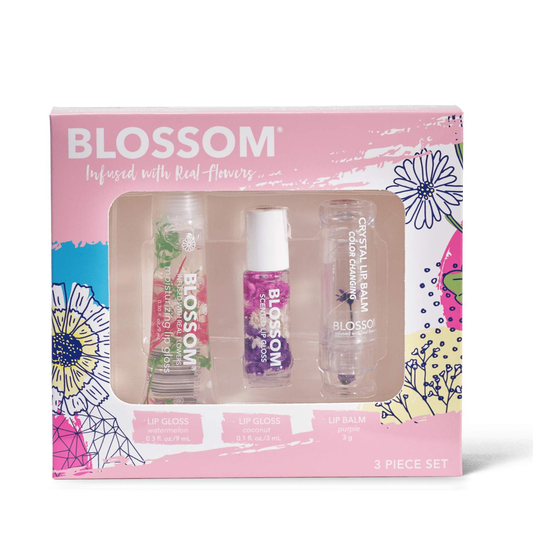 Blossom 3 Piece Set Moisturizing Lip Gloss Watermelon, Mini Roll-On Lip Gloss Coconut, Color-Changing Lip Balm Purple-Blossom-Blossom_ Gift Set's,Blossom_ Roll on Lip Gloss's,Brand_Blossom,Collection_Gifts,Collection_Makeup,Gifts_Under 25,Makeup_Lip,Makeup_Lip Gloss