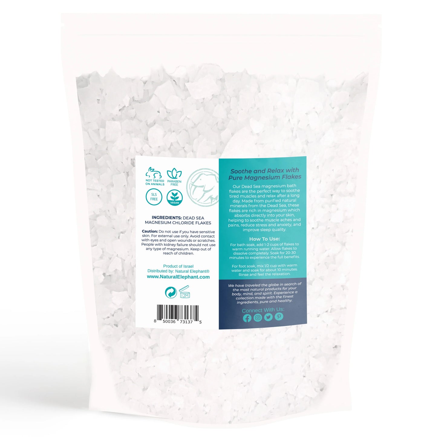 A white, resealable bag of Natural Elephant Dead Sea Magnesium Flakes is shown, featuring directions and branding in teal and gray on the back. The semi-transparent packaging reveals flakes designed for muscle relaxation.