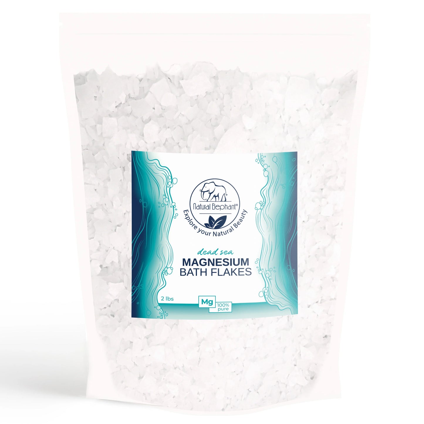 A white resealable bag labeled Natural Elephant Dead Sea Magnesium Flakes contains pure white flakes. The blue and white label notes it’s 2 lbs, 100% pure, and ideal for muscle relaxation with authentic Dead Sea magnesium.