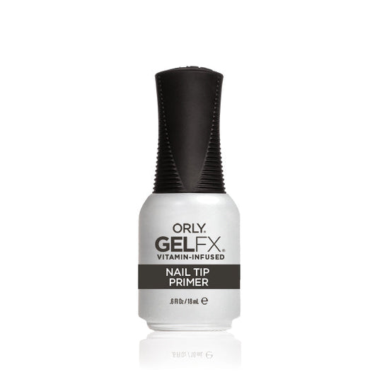 A bottle of Orly Gel FX Primer .6 fl oz, featuring a black cap and white label, ideal for cruelty-free gel nail color application, is seen standing upright on a plain white background.