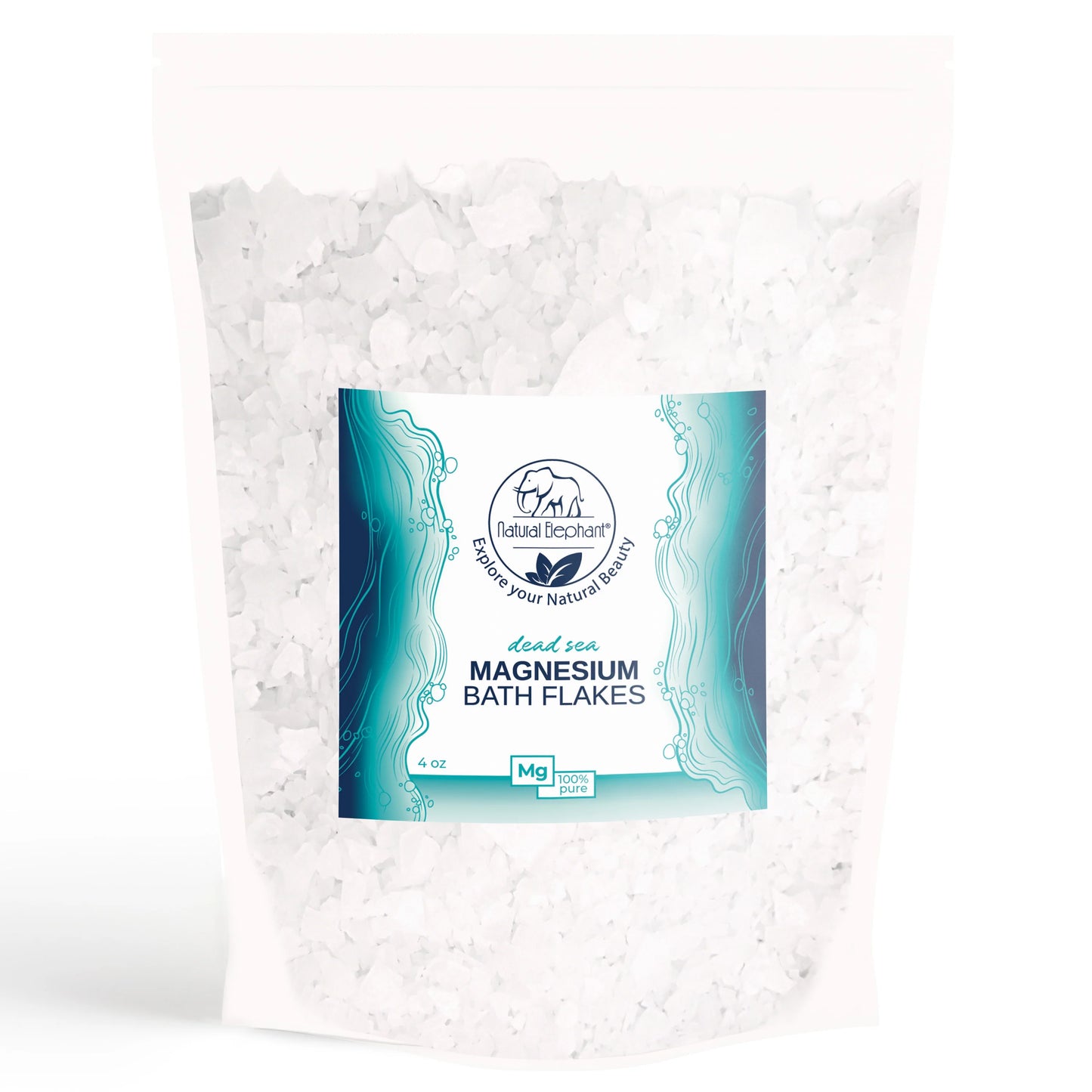 A white, resealable pouch with blue and white waves contains Natural Elephant Dead Sea Magnesium Flakes for muscle relaxation. The front label features product details, and the bag shows large, white flakes inside.