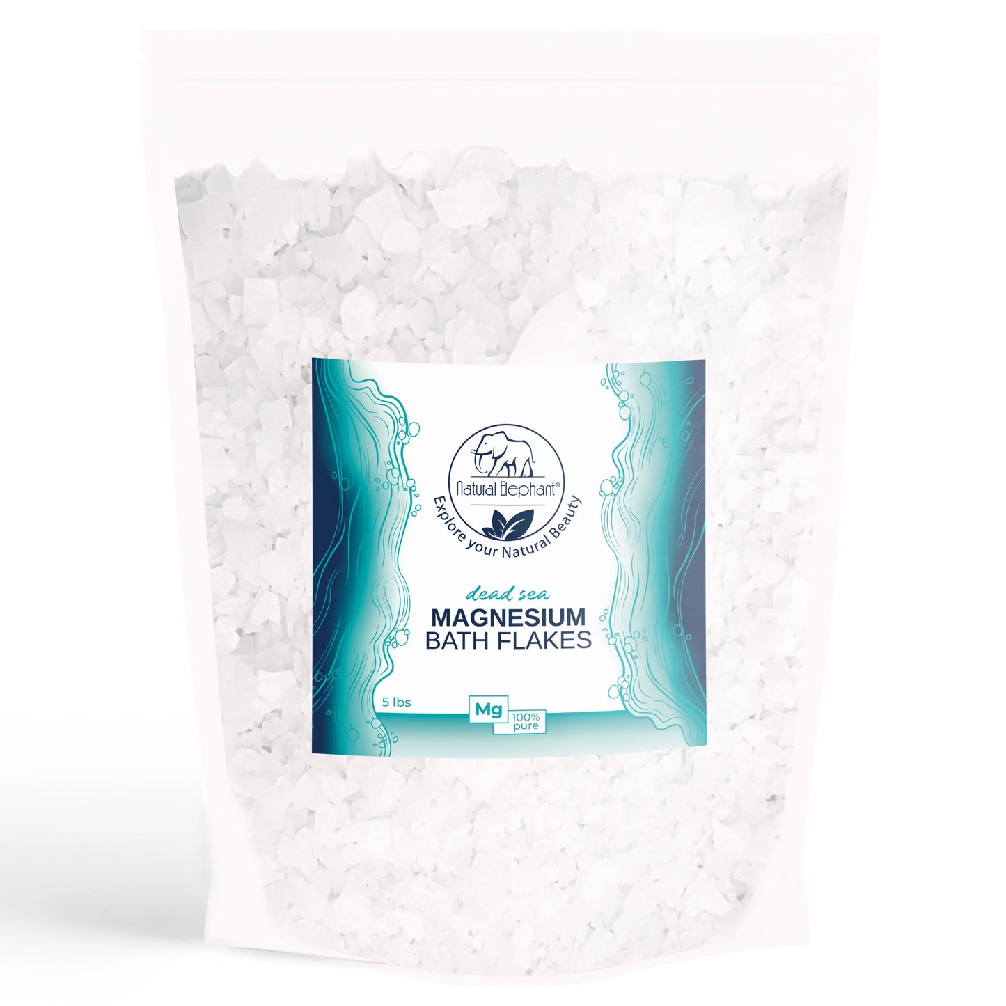 A clear, resealable bag filled with white flakes labeled Natural Elephant Dead Sea Magnesium Flakes, 5 lbs. The teal and white wave design highlights mineral-rich bath flakes for soothing muscle relaxation.