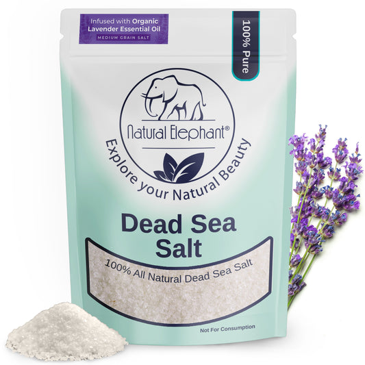 A package of Natural Elephant Lavender Dead Sea Salt with lavender flowers and salt beside it. The packaging features organic lavender essential oil and 100% pure, all natural Dead Sea salt to enhance your relaxation routine.