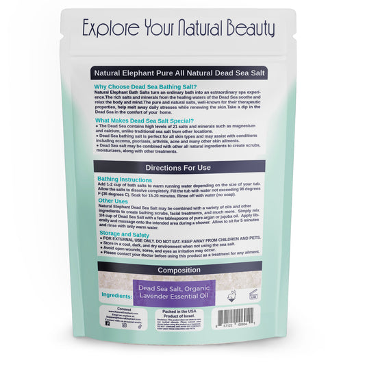 The back of a white and teal pouch labeled Natural Elephant Lavender Dead Sea Salt highlights benefits of Dead Sea bath salt and organic lavender oil, directions, and ingredients. Perfect for relaxing. Made in the USA with social media icons.