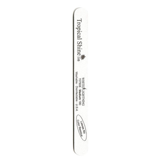 The Tropical Shine Nail File White Lightning File 180 (Medium) 7 1/2 in is a white nail file with black text and a palm tree graphic. Its ideal for medium sanding on acrylic nails and includes instructions for use.
