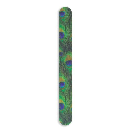 The Tropical Shine Large Patterned Nail File Peacock features green and blue peacock feathers printed along its length for a chic look.