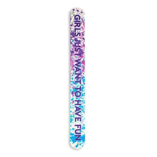 The Tropical Shine Large Patterned Nail Files Girls features a vibrant splatter paint design in blue, pink, and purple with “GIRLS JUST WANT TO HAVE FUN” in bold text—perfect for those who love fun and colorful nail files.