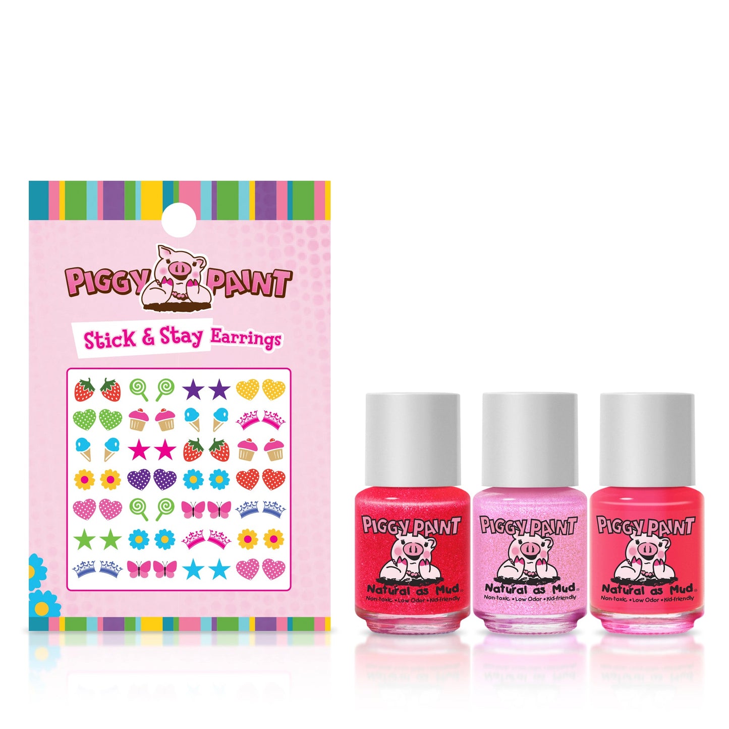 The Piggy Paint Kisses & Wishes Gift Set includes a vibrant sheet of stick-on earrings and three non-toxic nail polish bottles in pink, light pink, and red—perfect for a fun, kid-friendly manicure.
