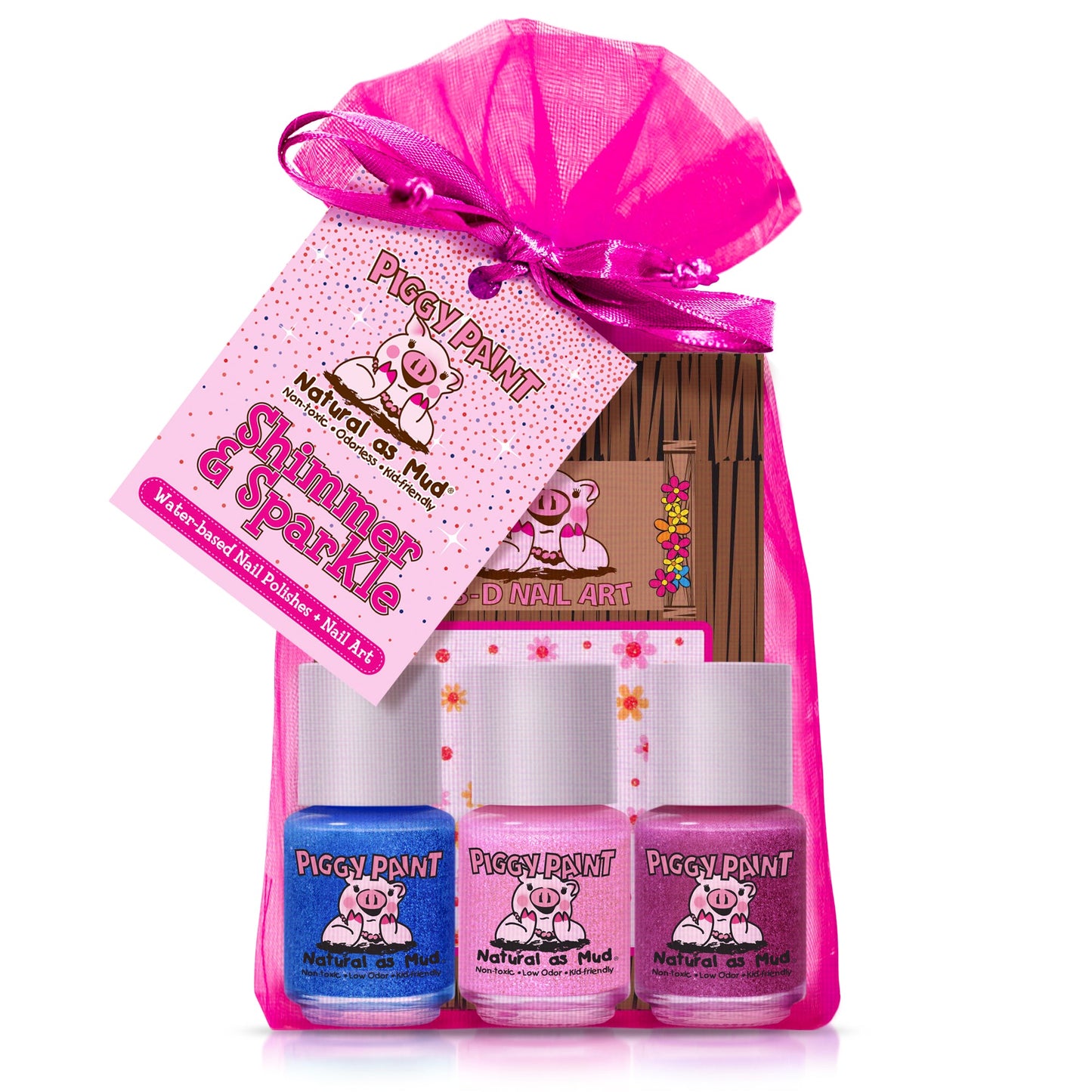 The Piggy Paint Shimmer & Sparkle Gift Set includes a pink organza bag holding three kid-friendly nail polish bottles—blue, light pink, and pale pink—with a gift tag featuring a pig cartoon.