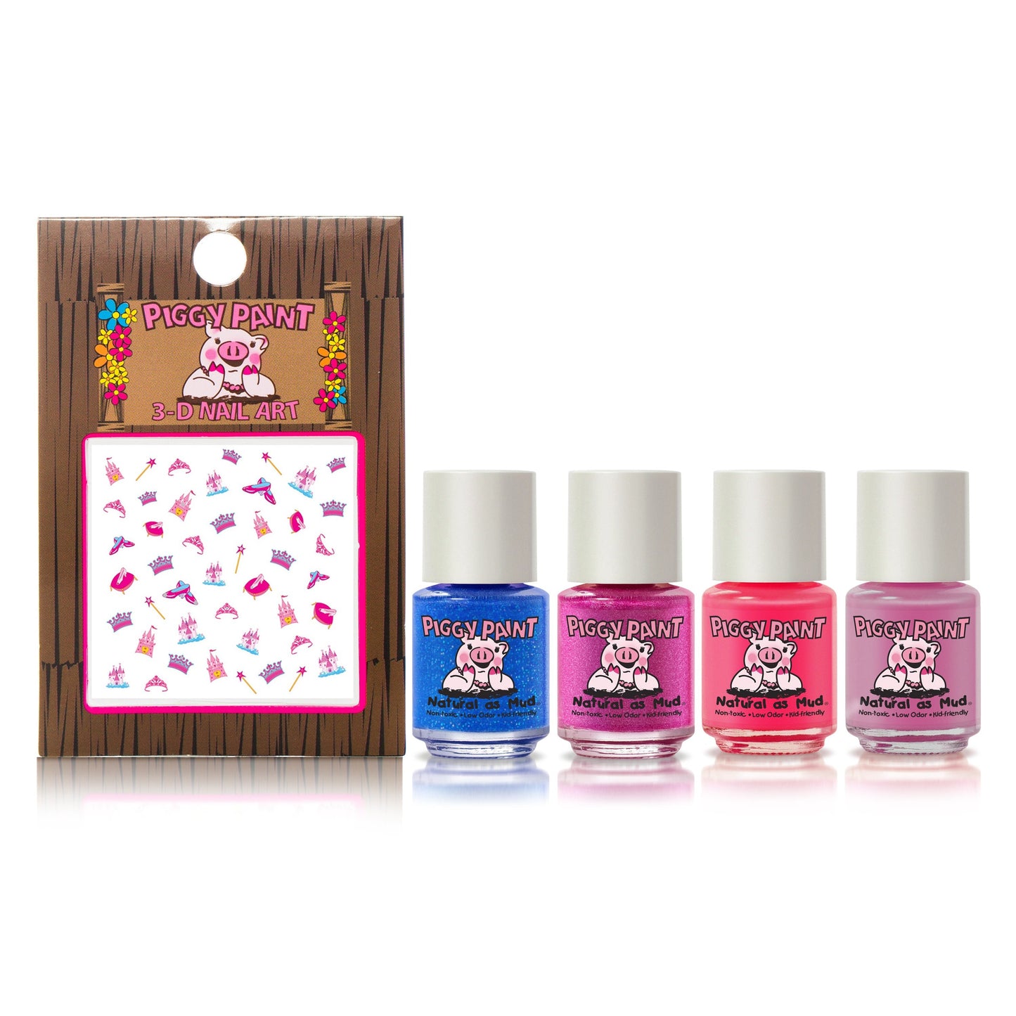 The Piggy Paint Tiny Tiaras Gift Set includes four kid-friendly, non-toxic nail polishes in blue, purple, pink, and light pink beside a pack of colorful 3-D nail art stickers on a white background.