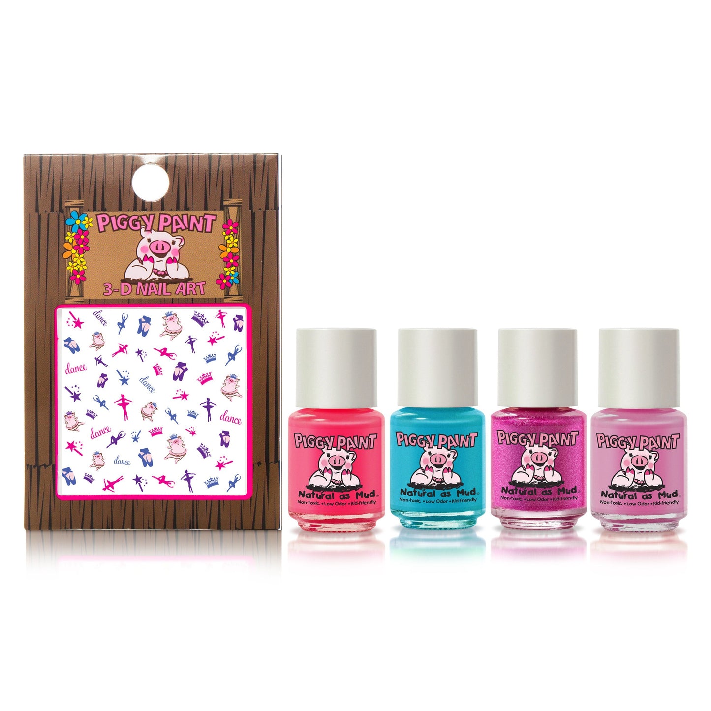 The Piggy Paint Party Heart-Y Gift Set features four kid-friendly nail polishes in pink, teal, purple, and light pink lined up next to a pack of vibrant Piggy Paint 3-D nail art stickers.