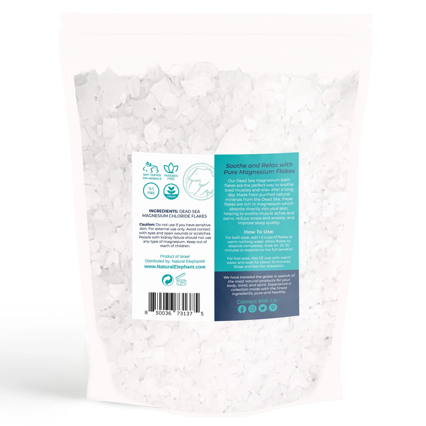 A resealable pouch of Natural Elephant Dead Sea Magnesium Flakes features a white label, product details, instructions, icons, and a barcode. The transparent packaging reveals flakes ideal for muscle relaxation.