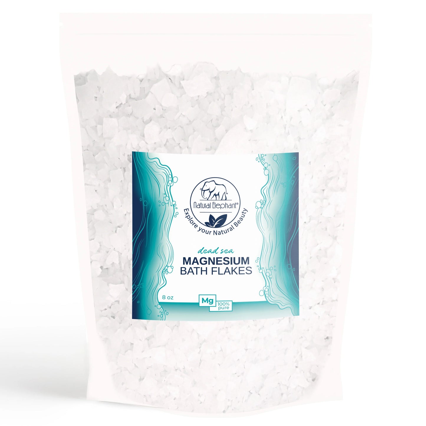An 8 oz white resealable pouch of Natural Elephant Dead Sea Magnesium Flakes contains crystalline flakes with teal and blue accents on the label and is infused with Dead Sea magnesium to promote muscle relaxation.