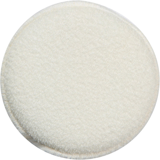 A close-up image of the Cala Exfoliating Round Body Scrubber, featuring a white, textured pad made of soft fabric, ideal for deep cleansing and removing dead skin cells, set against a white background.