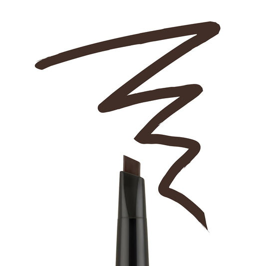 Bodyography Brow Assist Taupe, a dark brown mineral-based brow pencil with a retractable triangular tip, is displayed on a white background with a zigzag line above it to showcase its color and texture.