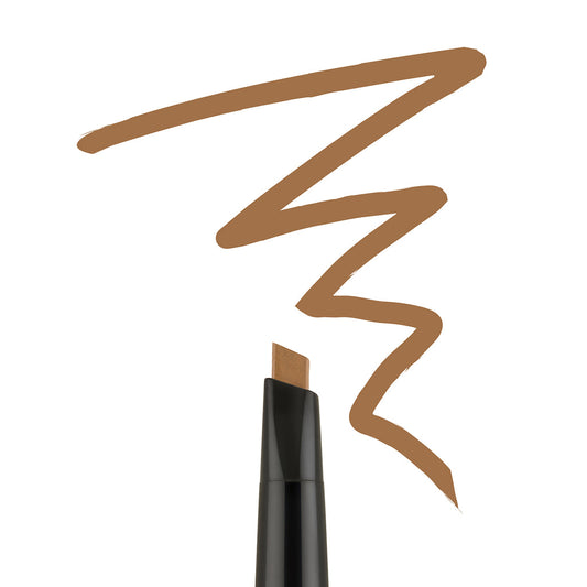 Bodyography Brow Assist Taupe is a mineral-based brow pencil featuring a retractable triangular tip that draws a thick taupe zigzag line on a white background.