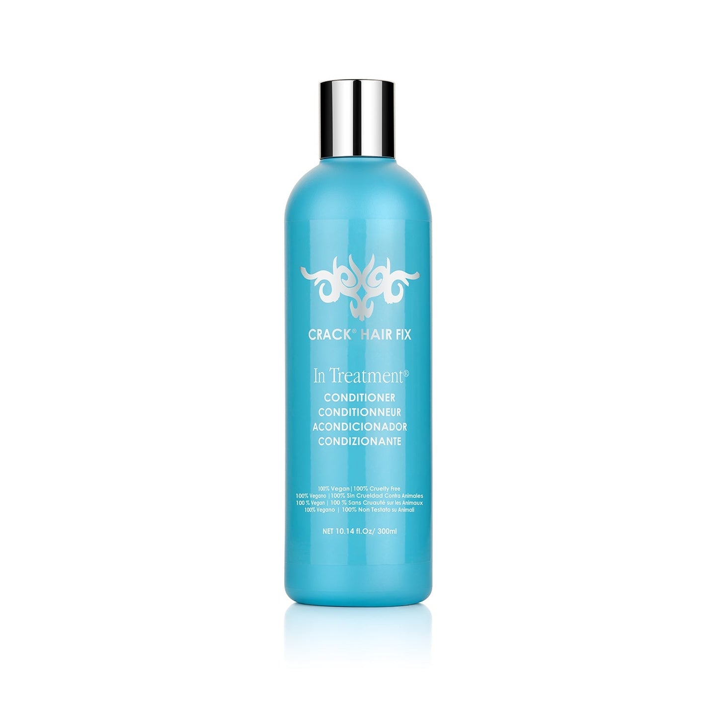 A blue bottle of Crack Leave-In Treatment Conditioner 10 fl. oz. with a silver cap is shown on a white background; the label features white text highlighting moisturizing benefits and protective Açai Extract.