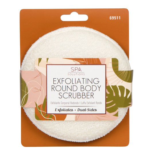 The Cala Exfoliating Round Body Scrubber features dual sides for deep cleansing and dead skin removal. The white scrubber, labeled Exfoliates and Dual-Sides, is packaged on an orange and green leaf-patterned backing card.