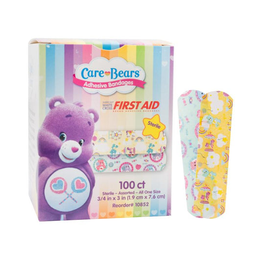 A box of Dukal Character and Colored Kids Bandages—100-pack—featuring a purple bear with heart-shaped paw prints. Each breathable bandage has a non-stick pad for comfort. Two colorful Care Bears bandages are shown beside the box.