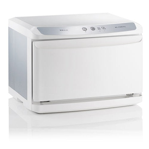 The White Towel Services Taiji HC11-UVPro HotCabi Towel Warmer is a compact, white countertop unit with a front-loading door, buttons and indicator lights on the upper front panel, and convenient temperature control.