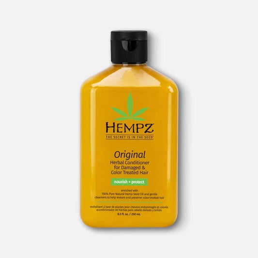 A yellow 8.5oz (250ml) bottle of Hempz Conditioner for damaged and color-treated hair, featuring a black cap, green hemp leaf logo, and Sweet Pineapple infusion.