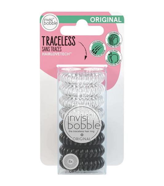 The Invisibobble Original MultiPack 8pc includes four clear and four black traceless spiral hair ties in a transparent box, with packaging highlighting traceless wear and less hair damage.