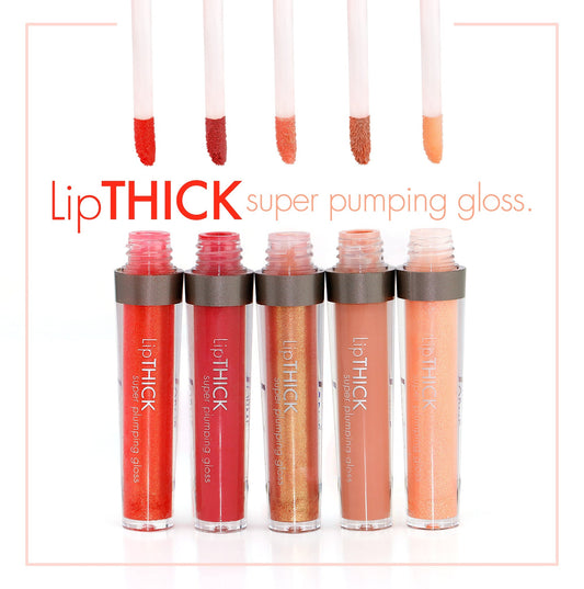 Five tubes of Sorme LipThick Plumping Gloss in red, pink, bronze, nude, and peach shades with applicators above each. Infused with Maxi-Lip peptides for visibly fuller lips and super-pumping shine.