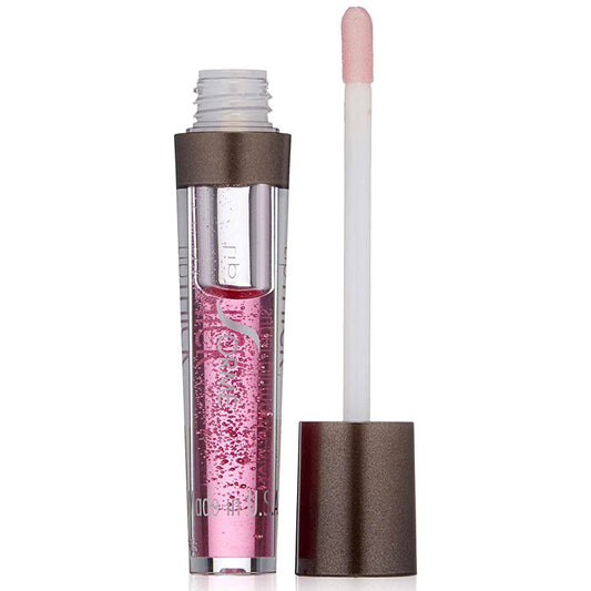An open tube of Sorme LipThick Plumping Gloss in pink, with a metallic brown cap and upright applicator wand beside it. The clear container reveals shiny, slightly sparkly gloss infused with Maxi-Lip peptides for visibly fuller lips.