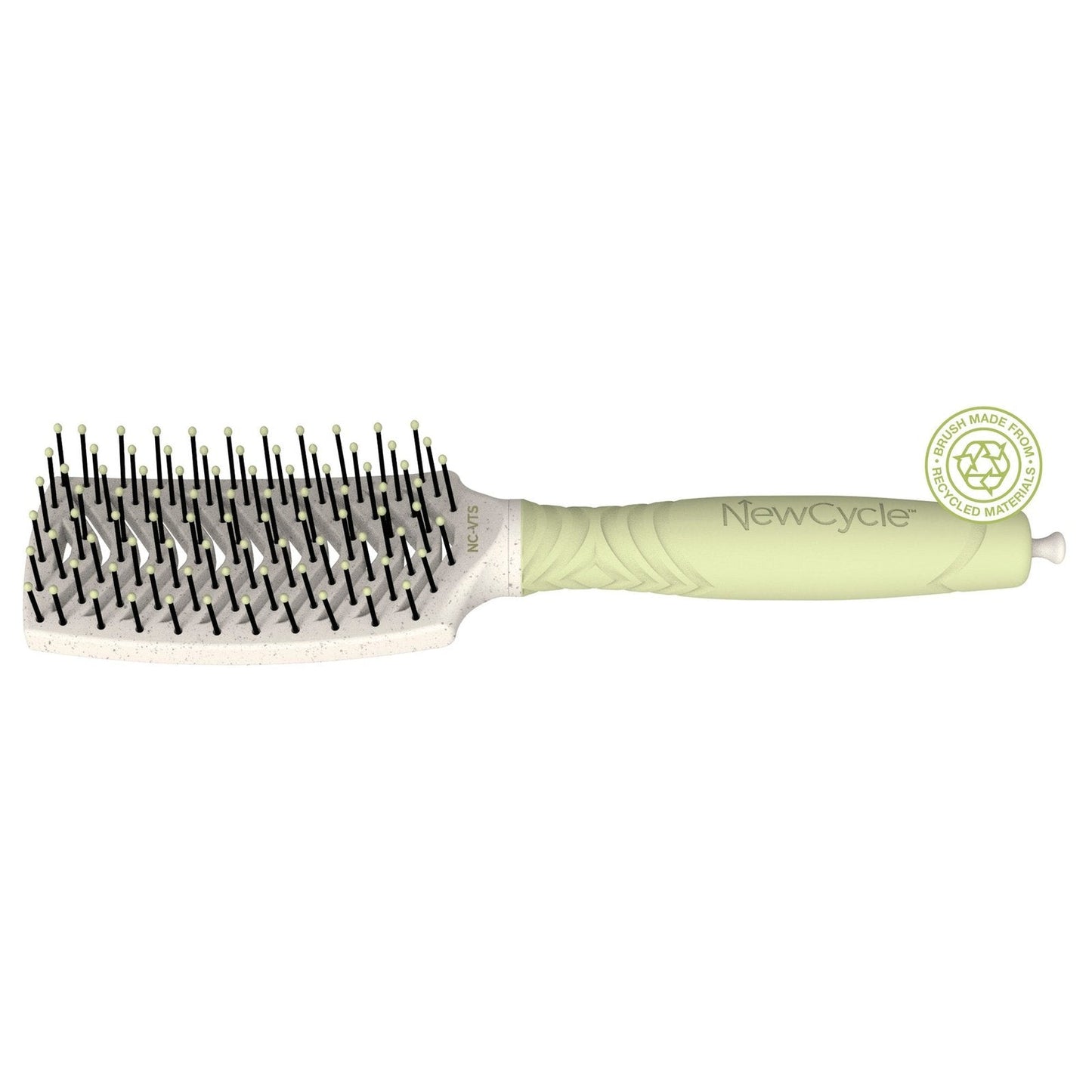 The Olivia Garden NewCycle Vent Styler NC-VTS is a rectangular hairbrush with a green handle, white bristle base, black bristles with white tips, and an eco-friendly badge—ideal for effortless smoothing and styling.