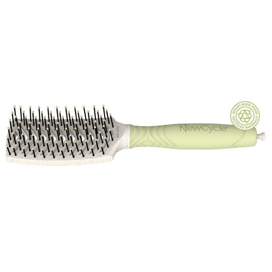 The Olivia Garden NewCycle Vent Styler NC-VTS is a rectangular hairbrush with a green handle, white bristle base, black bristles with white tips, and an eco-friendly badge—ideal for effortless smoothing and styling.