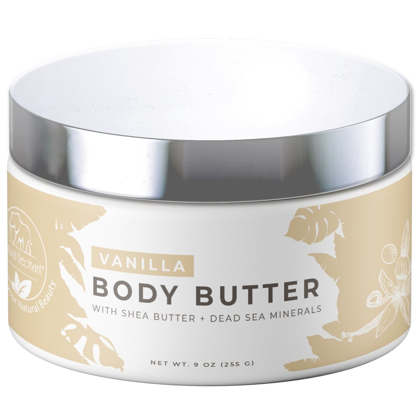 Natural Elephant Dead Sea Shea Body Butter (9 oz) in a white and beige tub with a silver lid. Contains shea butter, natural plant oils, and Dead Sea minerals. The label shows botanical illustrations and product info.