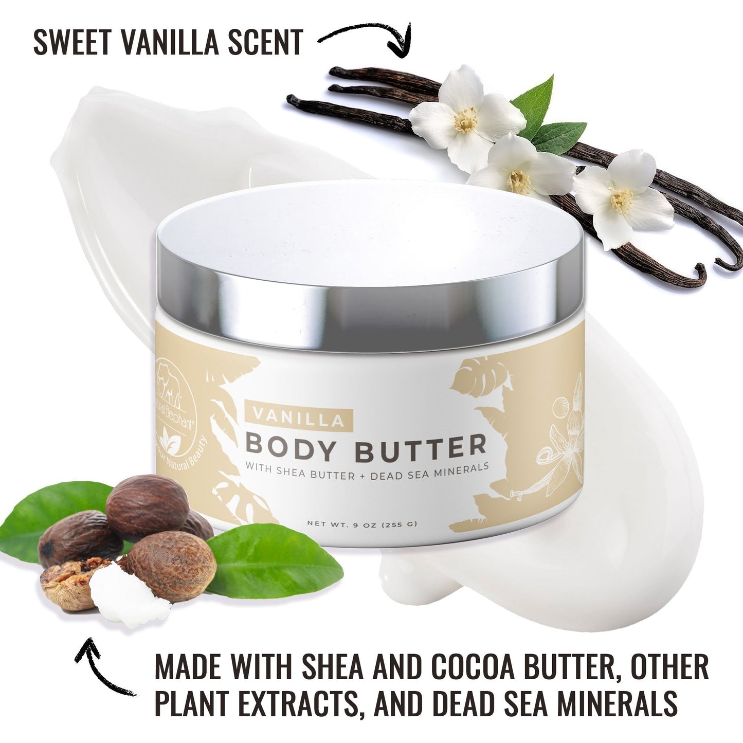 A jar of Natural Elephant Dead Sea Shea Body Butter 9 oz sits on a creamy white background, surrounded by vanilla beans, white flowers, shea nuts, and cocoa butter. Text highlights its sweet vanilla scent and nourishing Dead Sea minerals.