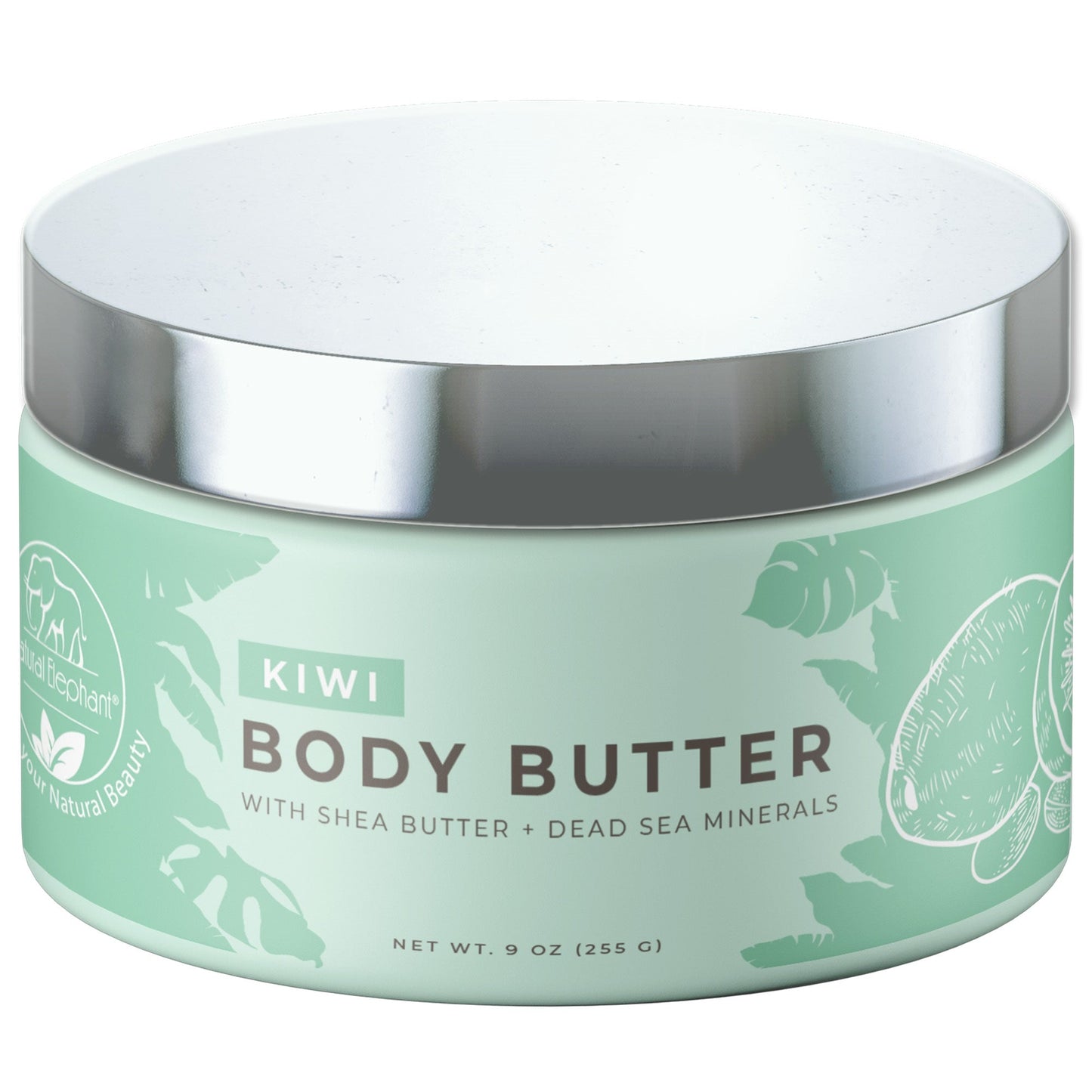 A mint green 9 oz jar of Natural Elephant Dead Sea Shea Body Butter with kiwi, shea butter, minerals, and plant oils. It has a silver lid and white text on the label.