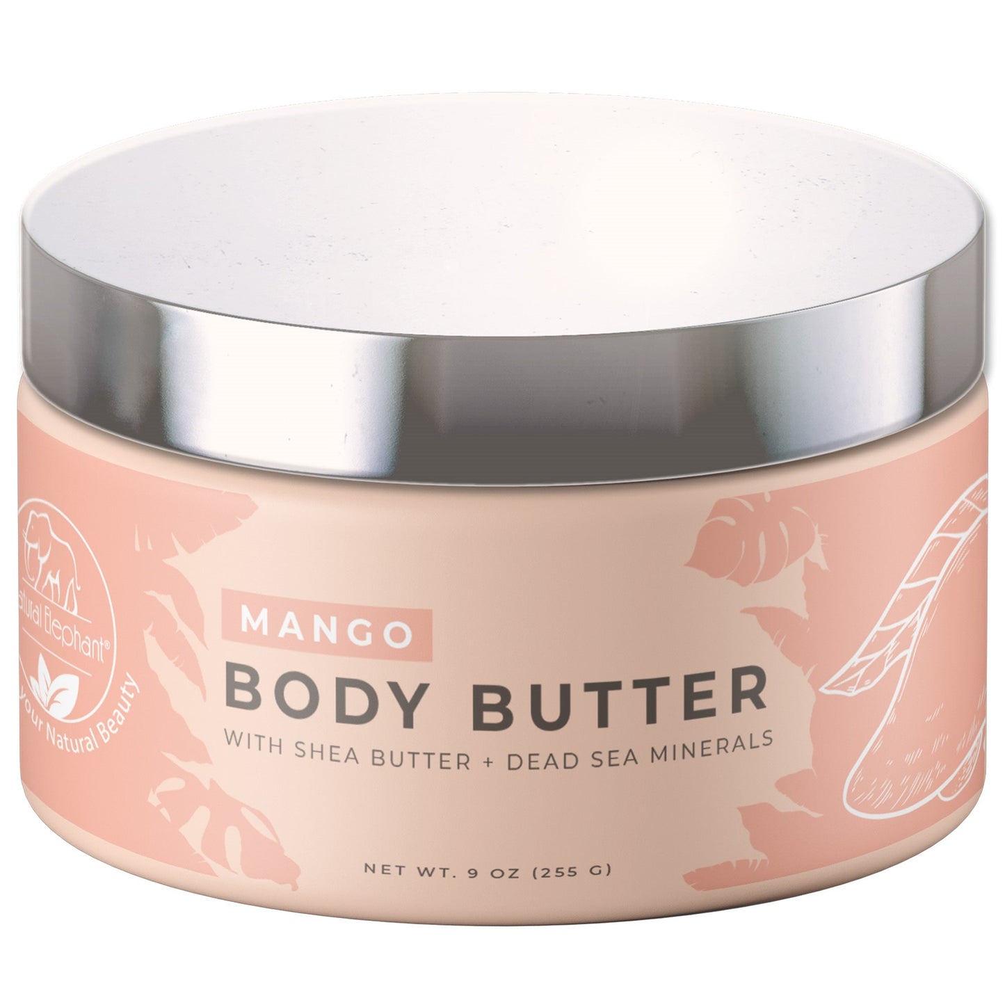 A round, peach-colored Natural Elephant Dead Sea Shea Body Butter 9 oz container with natural plant oils, Dead Sea minerals, a silver lid, and decorative leaf illustrations on the label.