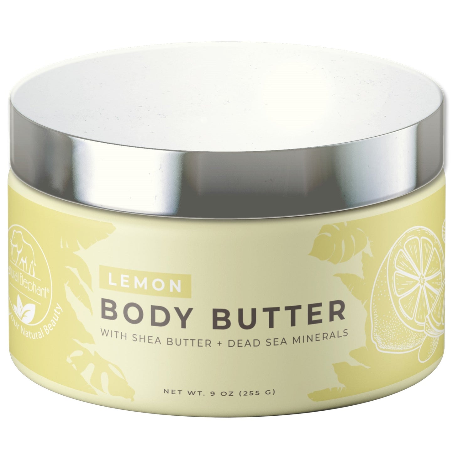 A 9 oz yellow jar of Natural Elephant Dead Sea Shea Body Butter, with a silver lid and lemon illustrations, features natural plant oils, Dead Sea minerals, and is labeled LEMON BODY BUTTER.