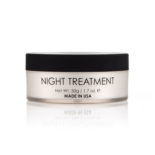 A frosted jar with a black lid labeled Bodyography Skin Care Night Treatment 1.7 oz, featuring Collagen and Peptides, shows net weight 50g (1.7 oz.) and MADE IN USA against a white background.
