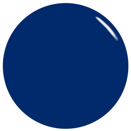 A solid dark blue circle evokes Orly Blue Tango Nail Lacquer’s medium blue crème shade, featuring a small white highlight near the upper right edge on a white background.